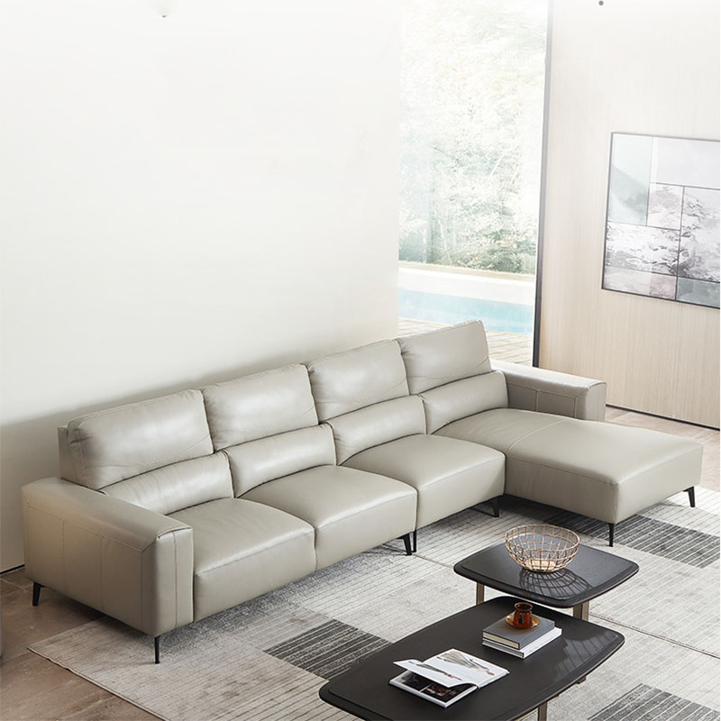 L shape genuine leather sofa bed with chaise longue