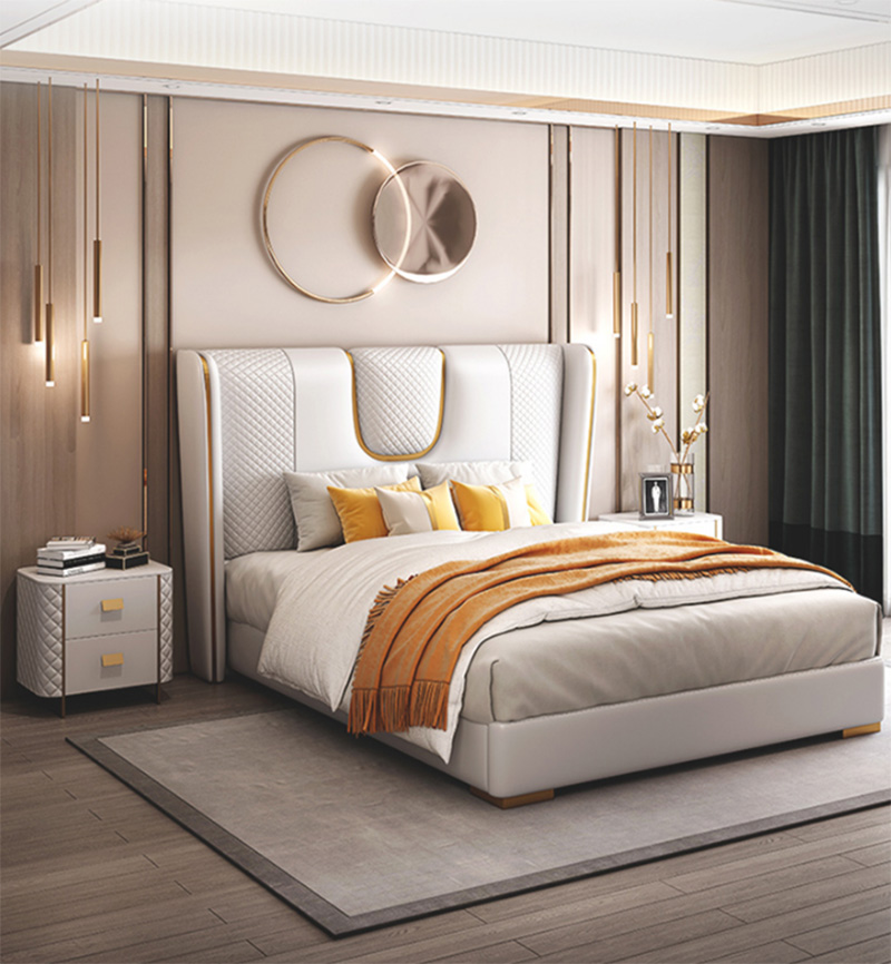 Modern design bedroom double bed frame genuine leather bed mattress